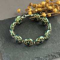 Green and Gold Dahlia Flower Czech Glass Bracelet in Sterling Silver