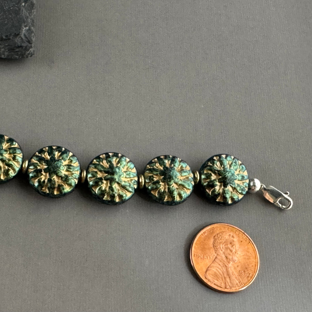 Green and Gold Dahlia Flower Czech Glass Bracelet in Sterling Silver