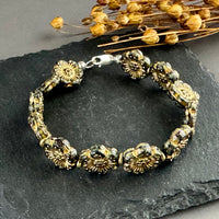 Dark Green and Gold Wildflower Czech Glass Bracelet in Sterling Silver