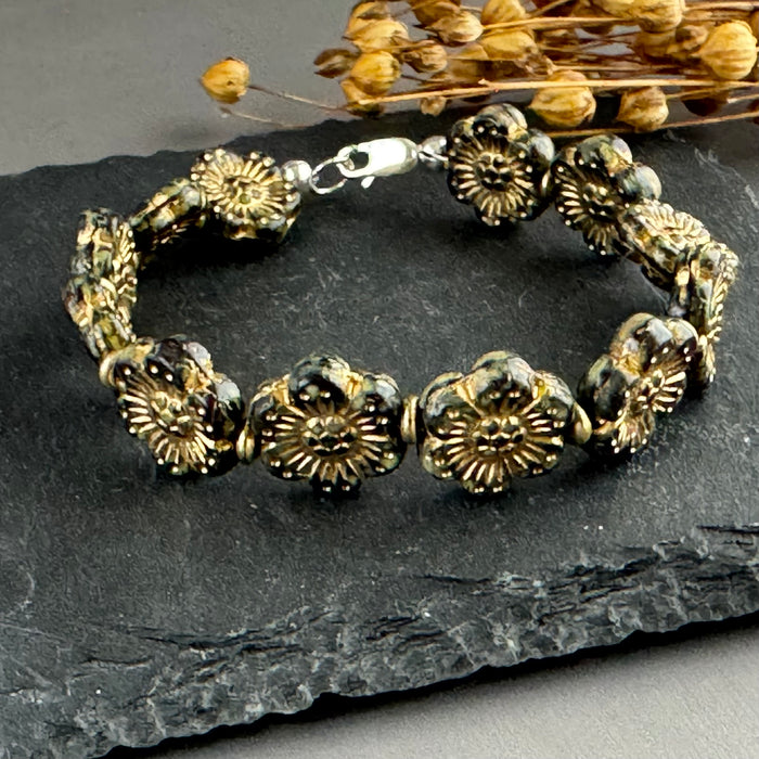 Dark Green and Gold Wildflower Czech Glass Bracelet in Sterling Silver