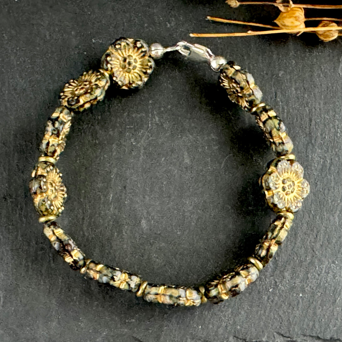 Dark Green and Gold Wildflower Czech Glass Bracelet in Sterling Silver