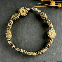 Dark Green and Gold Wildflower Czech Glass Bracelet in Sterling Silver