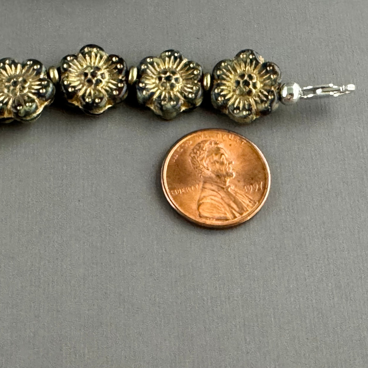 Dark Green and Gold Wildflower Czech Glass Bracelet in Sterling Silver