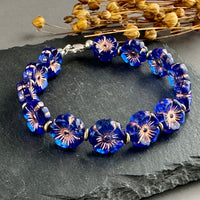 Bright Blue and Gold Hawaiian Flower Czech Glass Bracelet in Sterling Silver