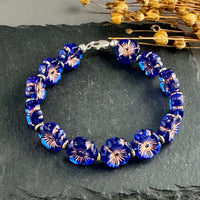 Bright Blue and Gold Hawaiian Flower Czech Glass Bracelet in Sterling Silver