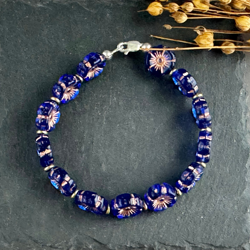 Bright Blue and Gold Hawaiian Flower Czech Glass Bracelet in Sterling Silver