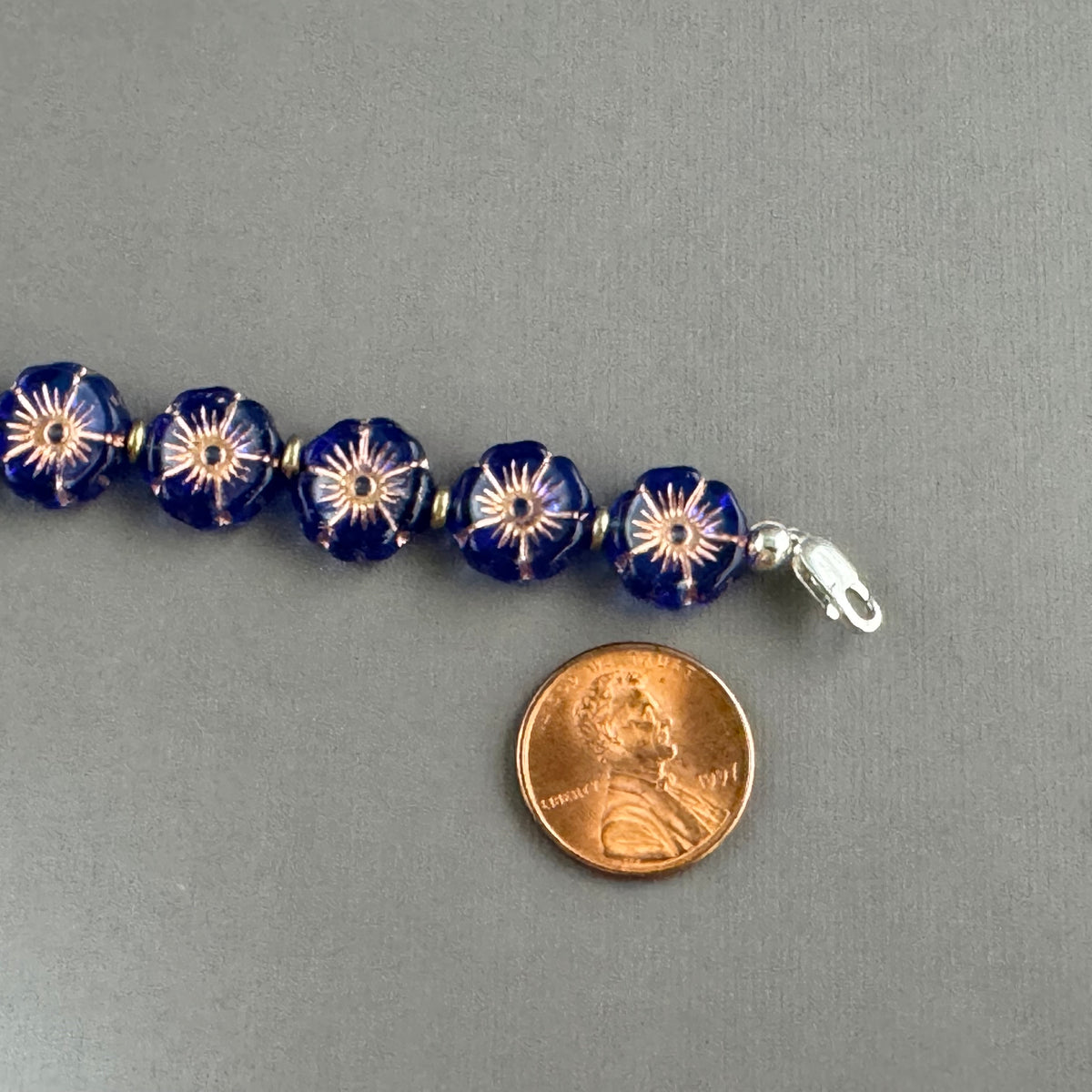 Bright Blue and Gold Hawaiian Flower Czech Glass Bracelet in Sterling Silver