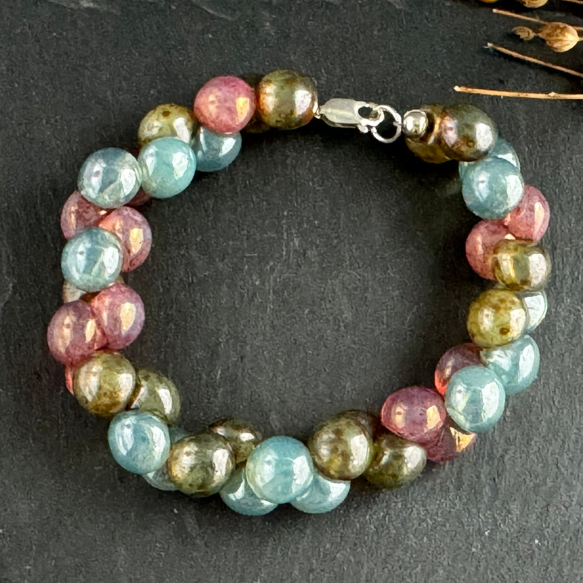 Multi-Color Bubble Czech Glass Bracelet in Sterling Silver