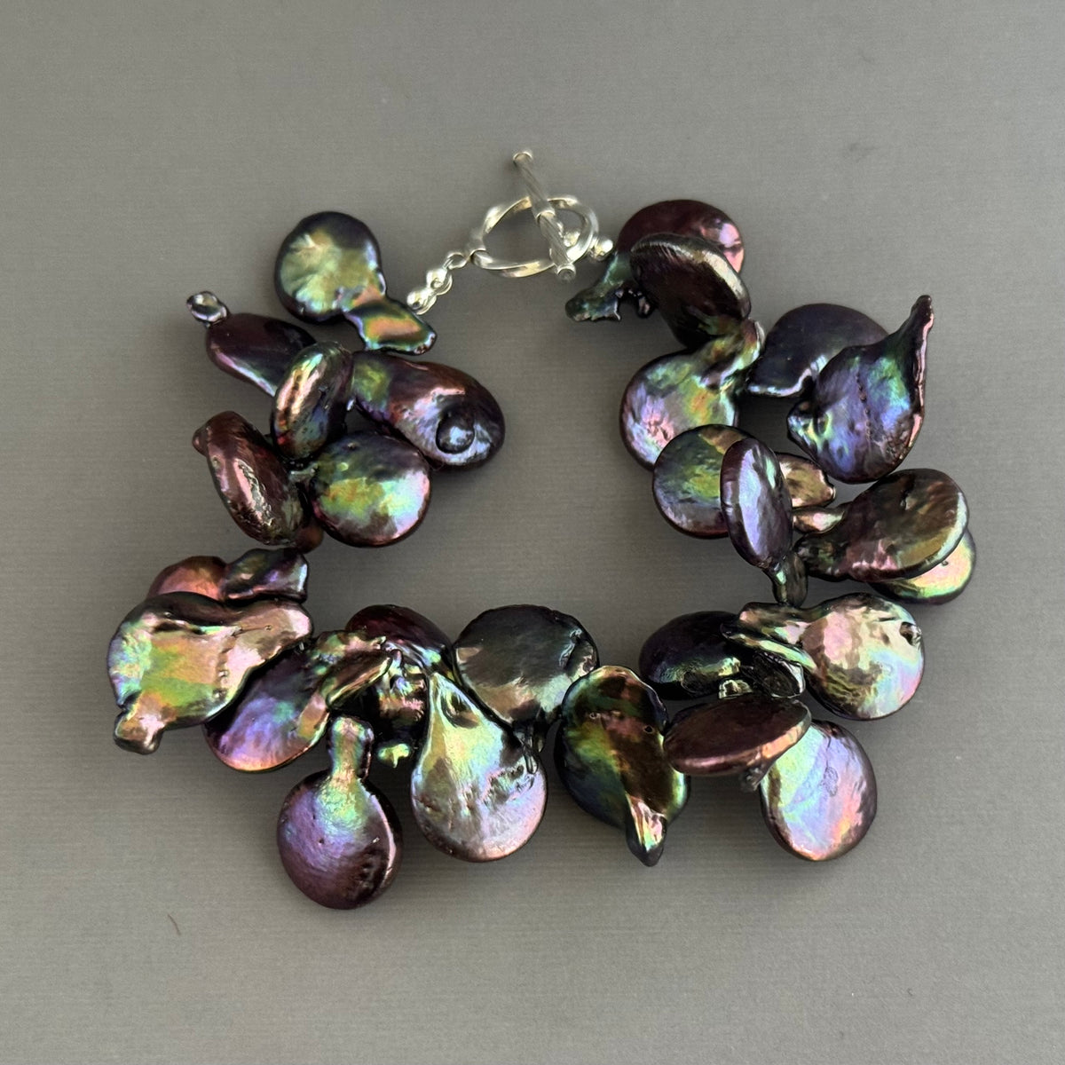 Gray Iridescent Freshwater Pearl Paddle Bracelet in Sterling Silver