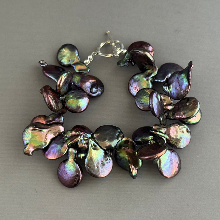 Gray Iridescent Freshwater Pearl Paddle Bracelet in Sterling Silver