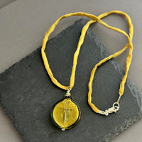 Murano Glass Large Light Green Coin Pendant on Silk Cord