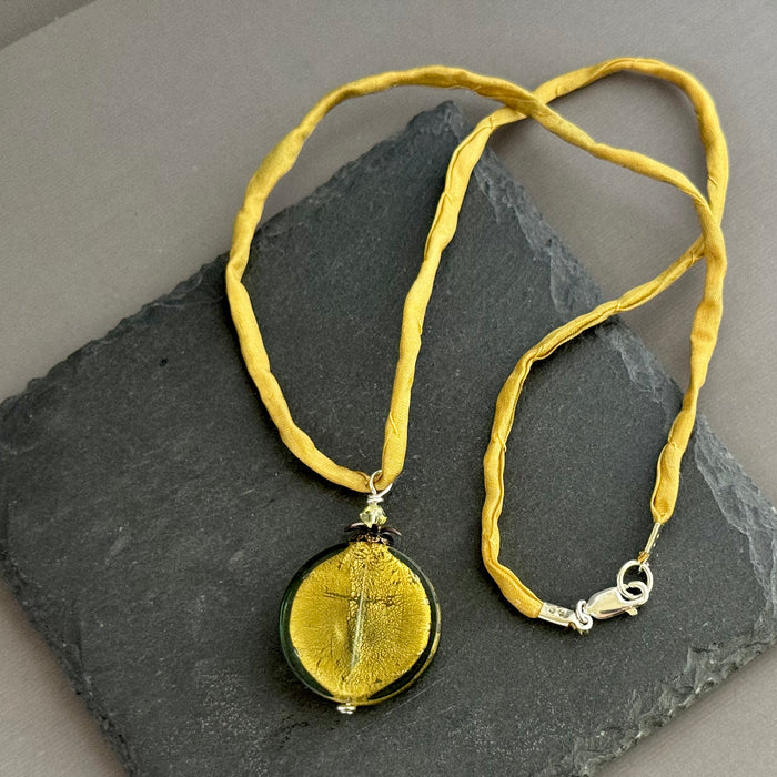 Murano Glass Large Light Green Coin Pendant on Silk Cord