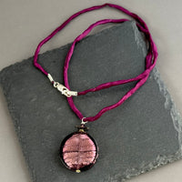 Murano Glass Large Purple Coin Pendant on Silk Cord