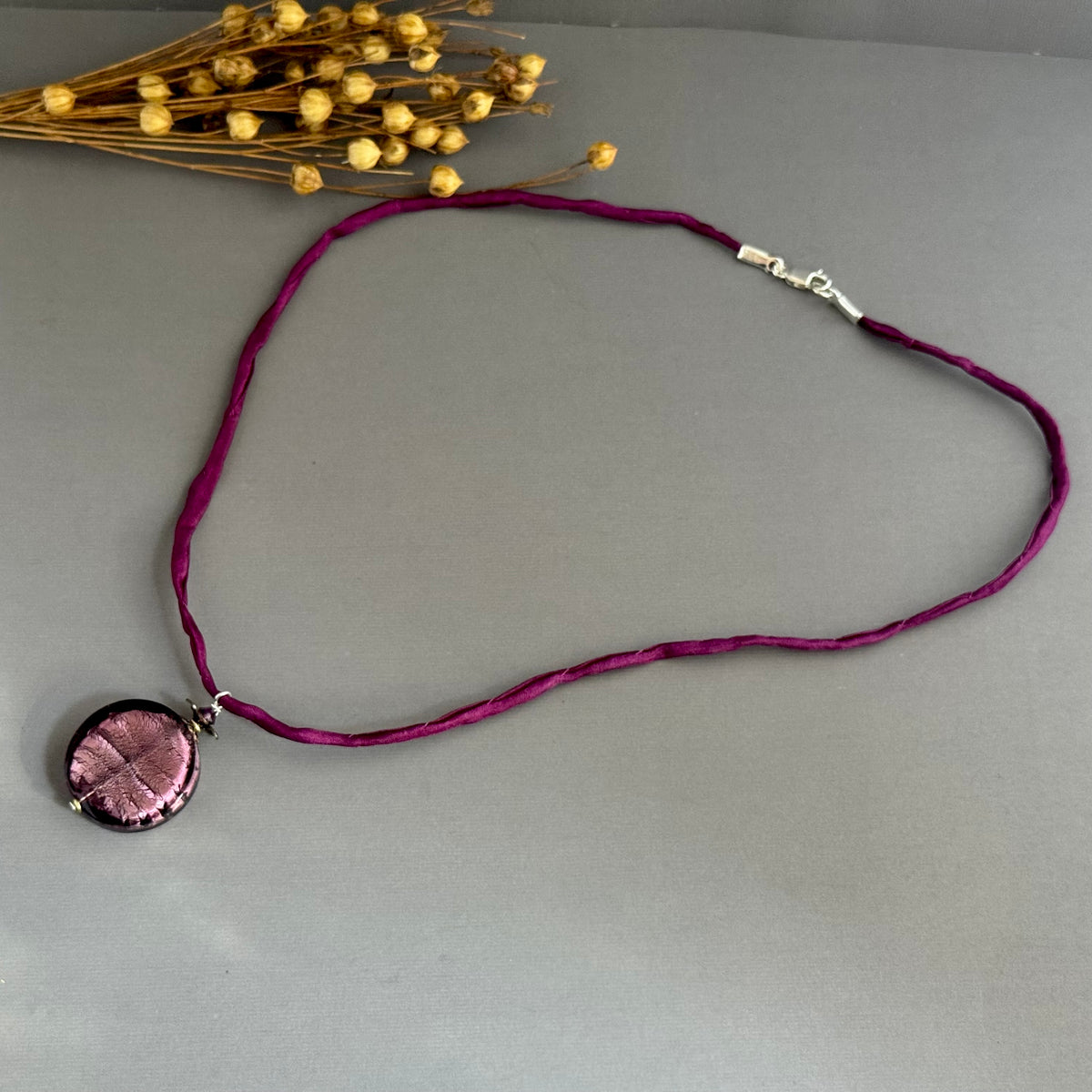 Murano Glass Large Purple Coin Pendant on Silk Cord