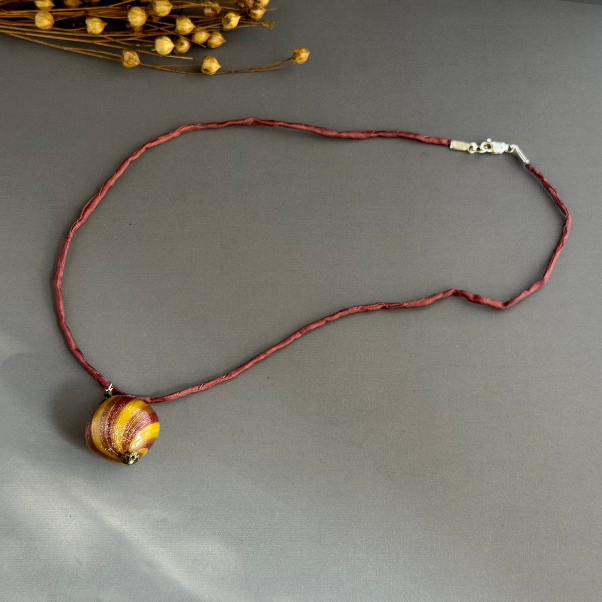 Handmade Brown and Gold Swirl Lamp Work Bead Necklace Hand Dyed Silk