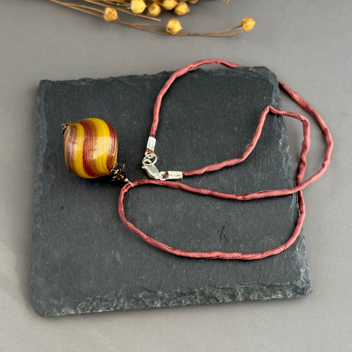Handmade Brown and Gold Swirl Lamp Work Bead Necklace Hand Dyed Silk