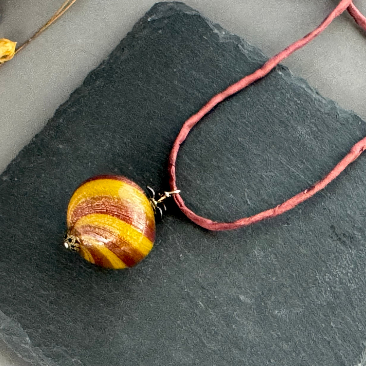 Handmade Brown and Gold Swirl Lamp Work Bead Necklace Hand Dyed Silk