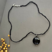 Murano Glass Black Disc Shape on Silk Cord in Sterling Silver