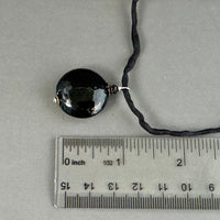 Murano Glass Black Disc Shape on Silk Cord in Sterling Silver