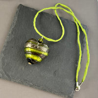 Huge Murano Glass Green Stripe Heart on Silk Cord in Sterling Silver