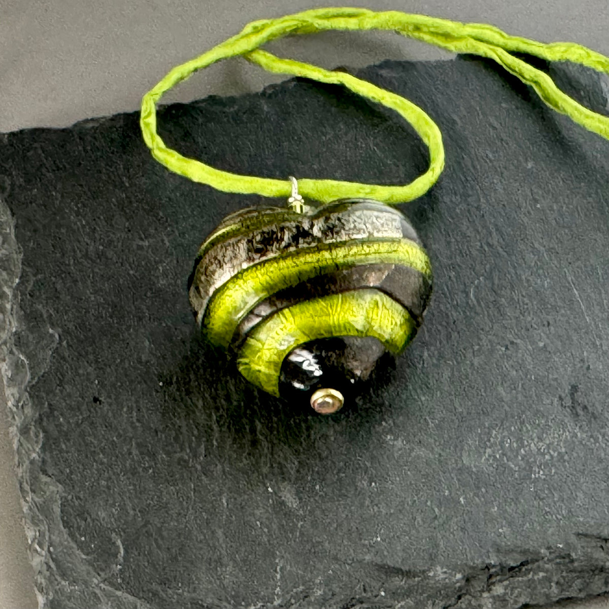 Huge Murano Glass Green Stripe Heart on Silk Cord in Sterling Silver