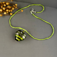Huge Murano Glass Green Stripe Heart on Silk Cord in Sterling Silver