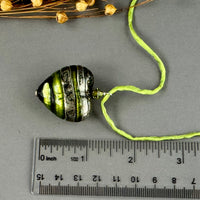 Huge Murano Glass Green Stripe Heart on Silk Cord in Sterling Silver