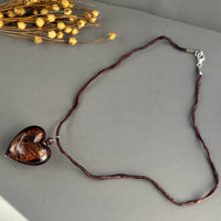 Huge Murano Glass Brown Heart on Silk Cord in Sterling Silver