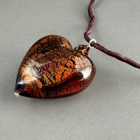 Huge Murano Glass Brown Heart on Silk Cord in Sterling Silver