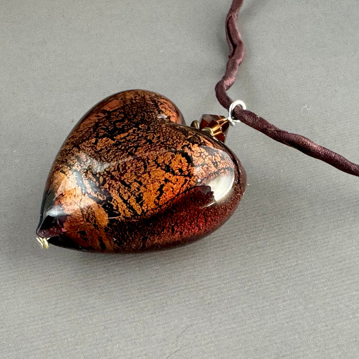 Huge Murano Glass Brown Heart on Silk Cord in Sterling Silver