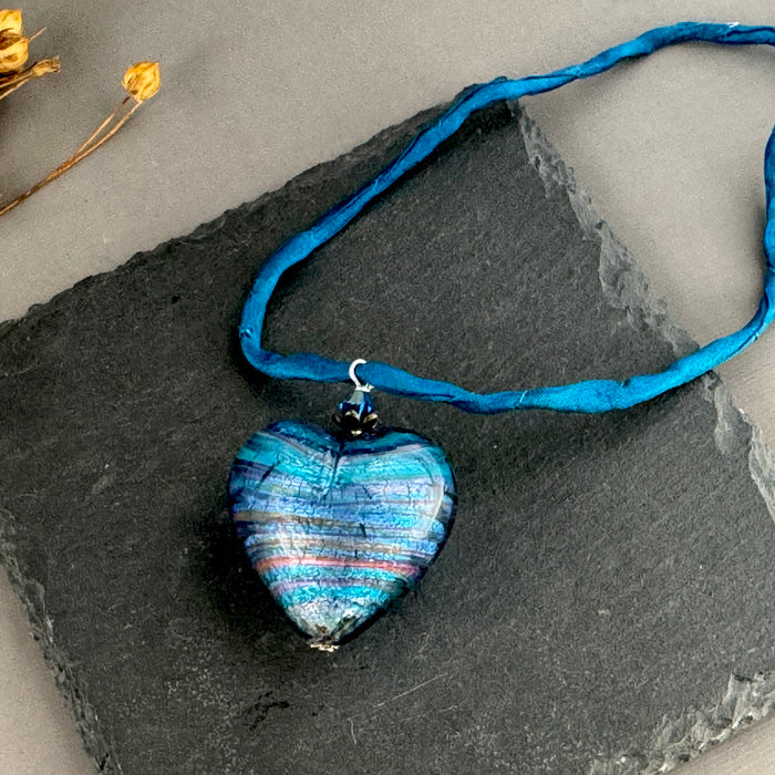 Huge Murano Glass Blue Heart on Silk Cord in Sterling Silver