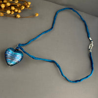 Huge Murano Glass Blue Heart on Silk Cord in Sterling Silver