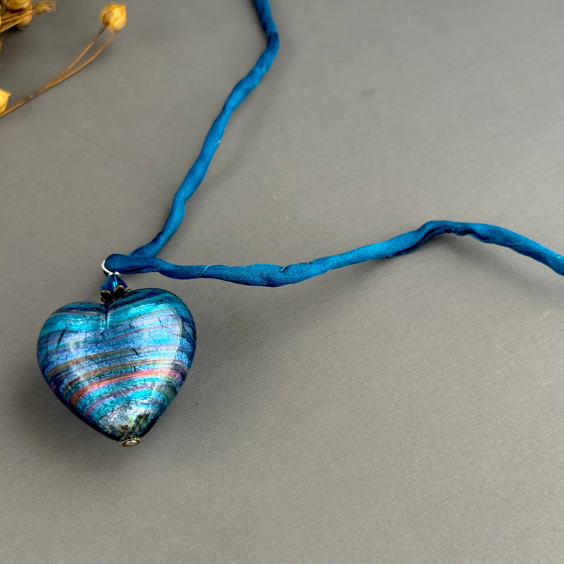 Huge Murano Glass Blue Heart on Silk Cord in Sterling Silver