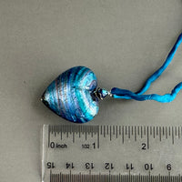 Huge Murano Glass Blue Heart on Silk Cord in Sterling Silver