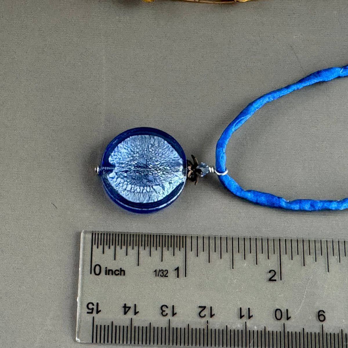 Murano Glass Large Blue Coin Pendant on Silk Cord