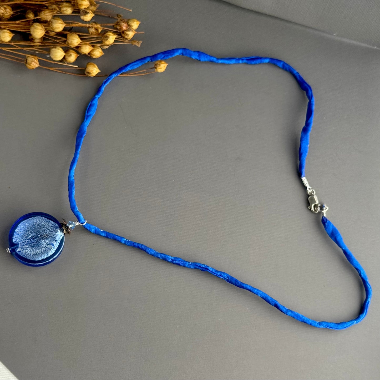 Murano Glass Large Blue Coin Pendant on Silk Cord