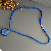 Murano Glass Large Blue Coin Pendant on Silk Cord