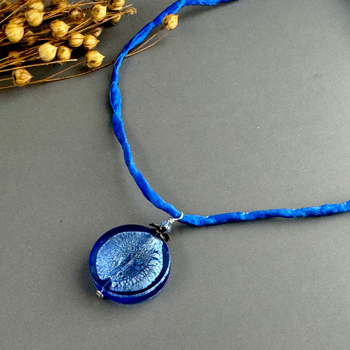 Murano Glass Large Blue Coin Pendant on Silk Cord