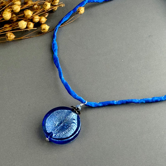 Murano Glass Large Blue Coin Pendant on Silk Cord