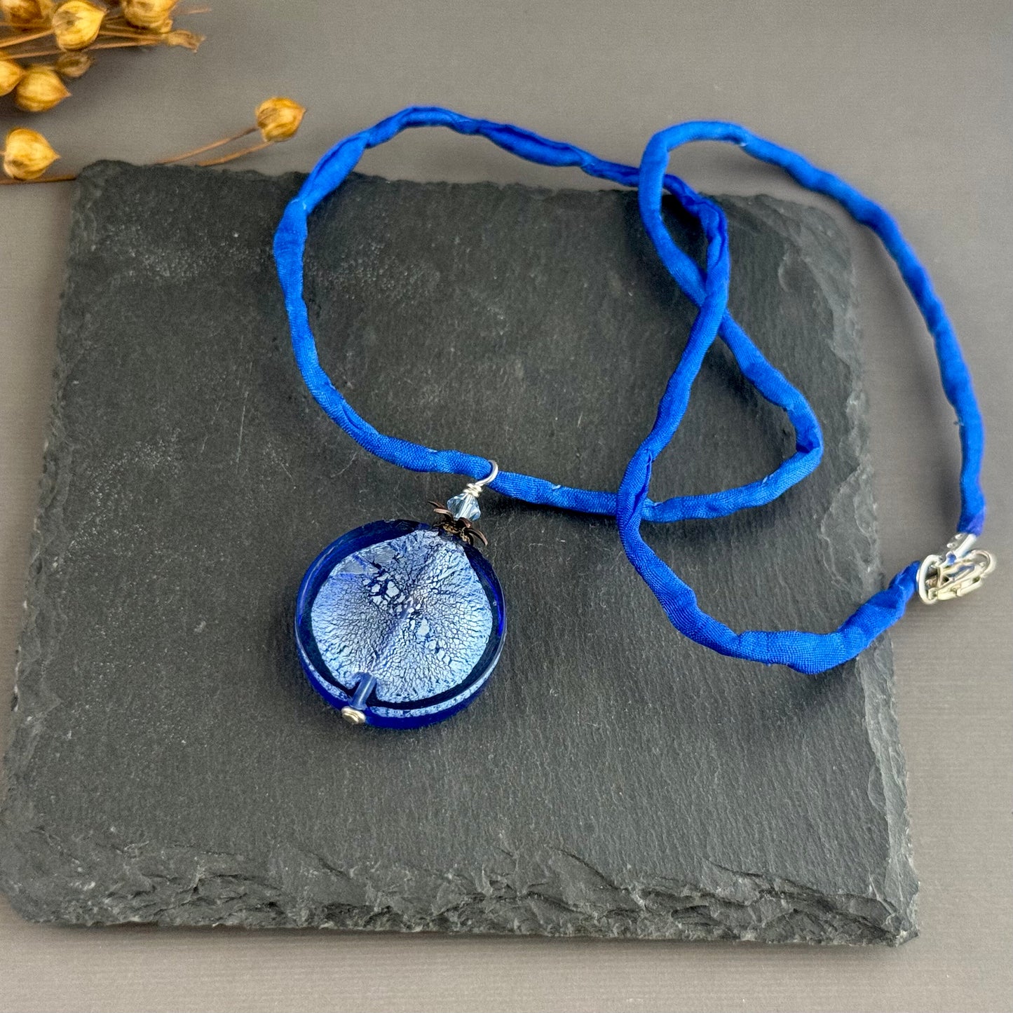 Murano Glass Large Blue Coin Pendant on Silk Cord