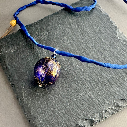 Vintage Murano Glass Bright Blue Pendant on Silk Cord