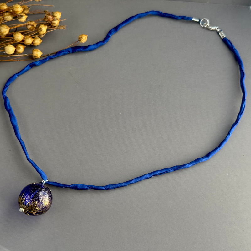 Vintage Murano Glass Bright Blue Pendant on Silk Cord