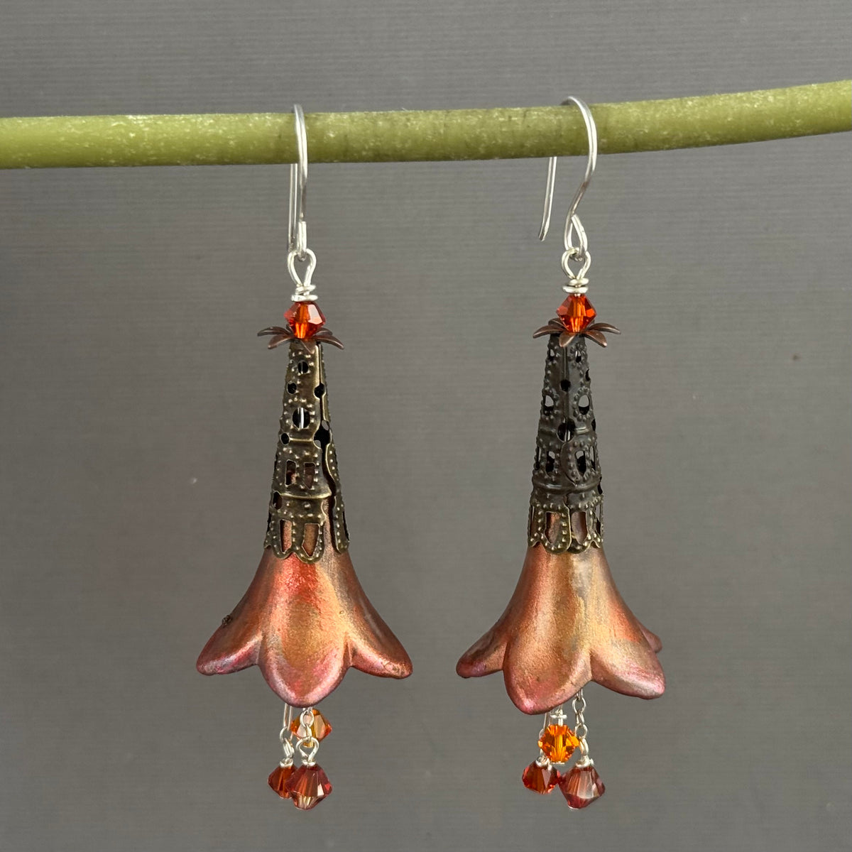 Large Hand Painted Rust and Gold Lucite Flower Earrings in Sterling Silver