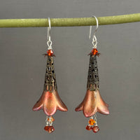 Large Hand Painted Rust and Gold Lucite Flower Earrings in Sterling Silver