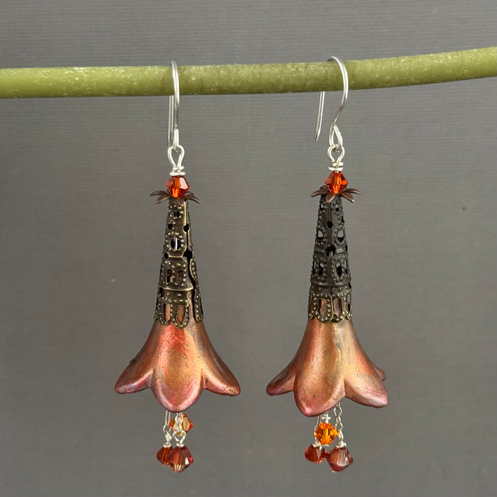 Large Hand Painted Rust and Gold Lucite Flower Earrings in Sterling Silver