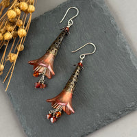 Large Hand Painted Rust and Gold Lucite Flower Earrings in Sterling Silver