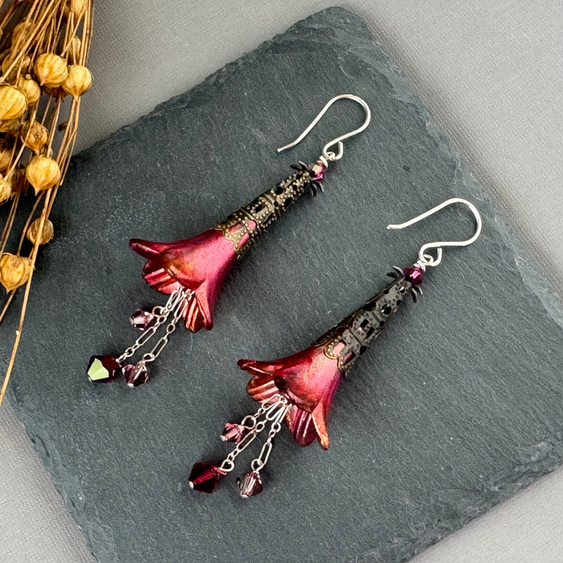 Large Hand Painted Dark Pink Lucite Flower Earrings in Sterling Silver
