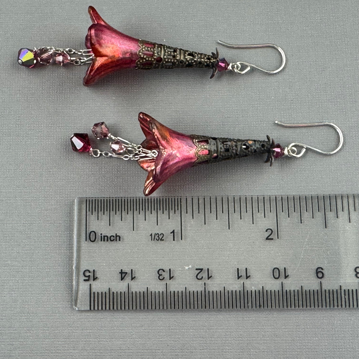 Large Hand Painted Dark Pink Lucite Flower Earrings in Sterling Silver