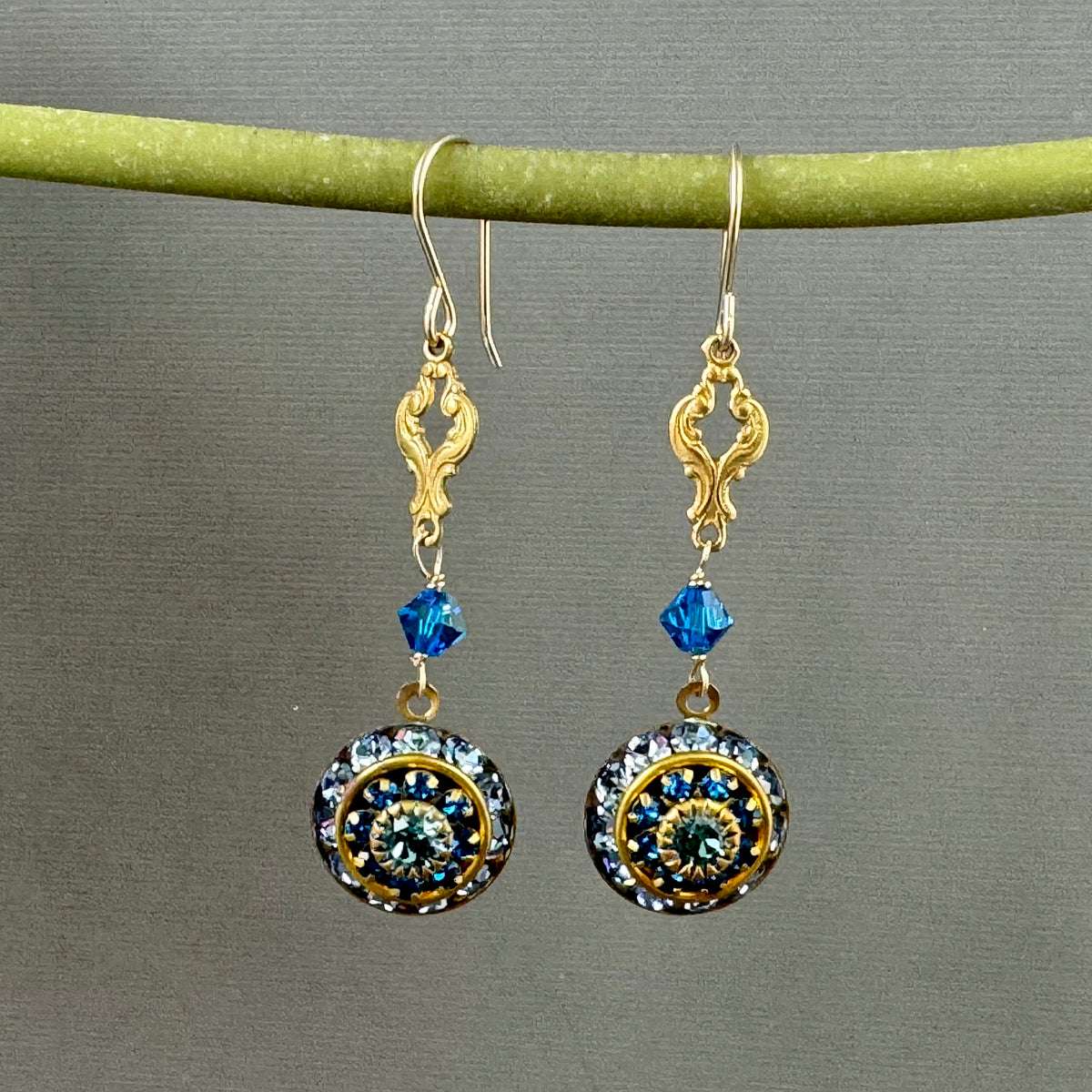 Vintage Blue Swarovski Crystal Domed Earrings in 14K Gold Fill