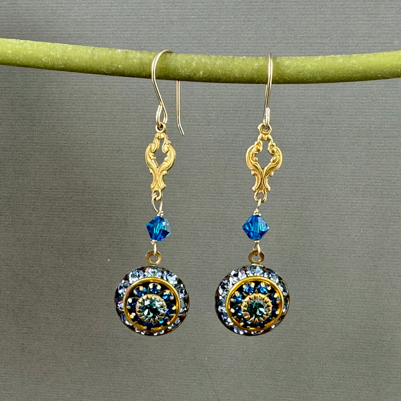 Vintage Blue Swarovski Crystal Domed Earrings in 14K Gold Fill